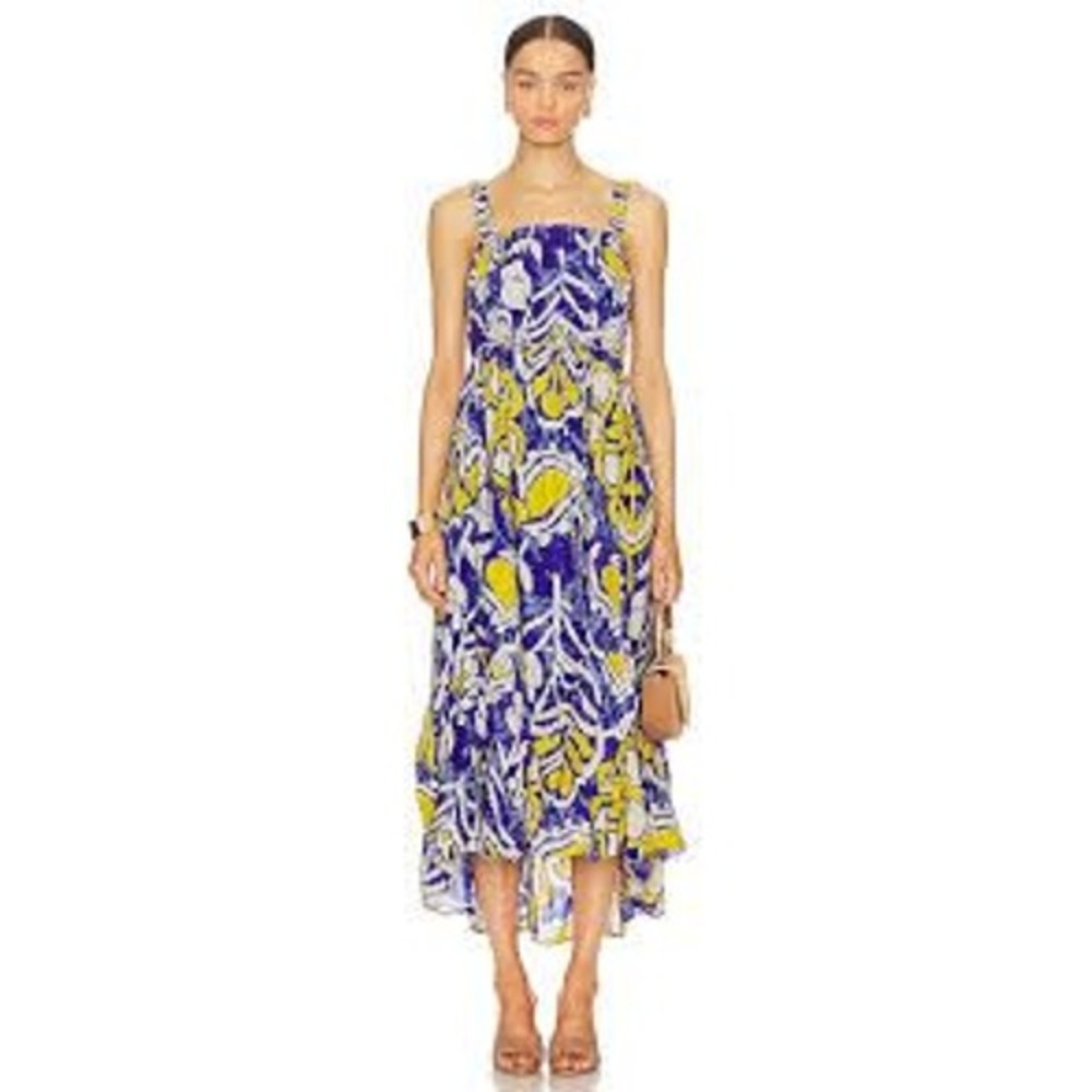 Cleobella Muriel Midi Dress in Azores Print Revolve Dress S Blue Yellow Abstract